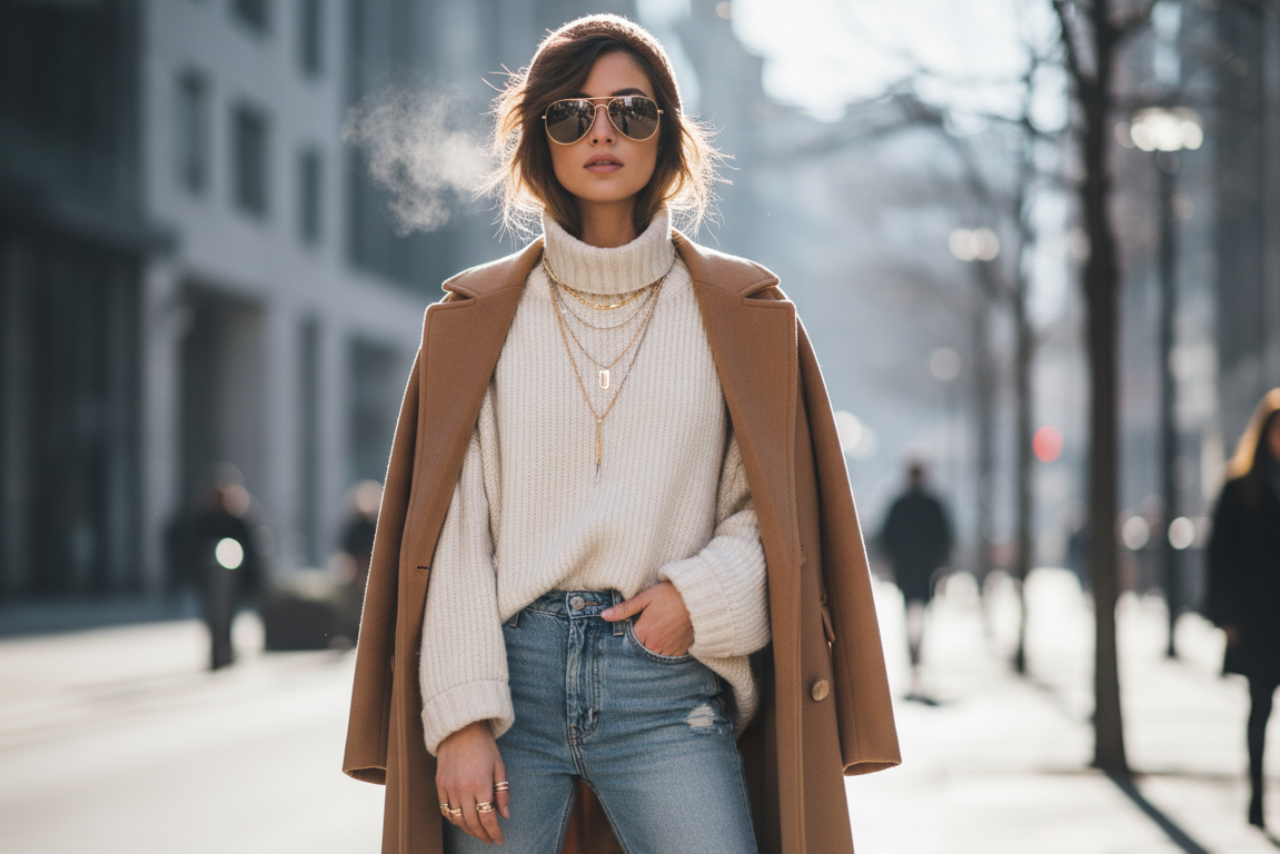 Can you give me an image of a young cool edgy influencer wearing Demi fine jewellery and aviator sunglasses on a cold sunny day dress casually 