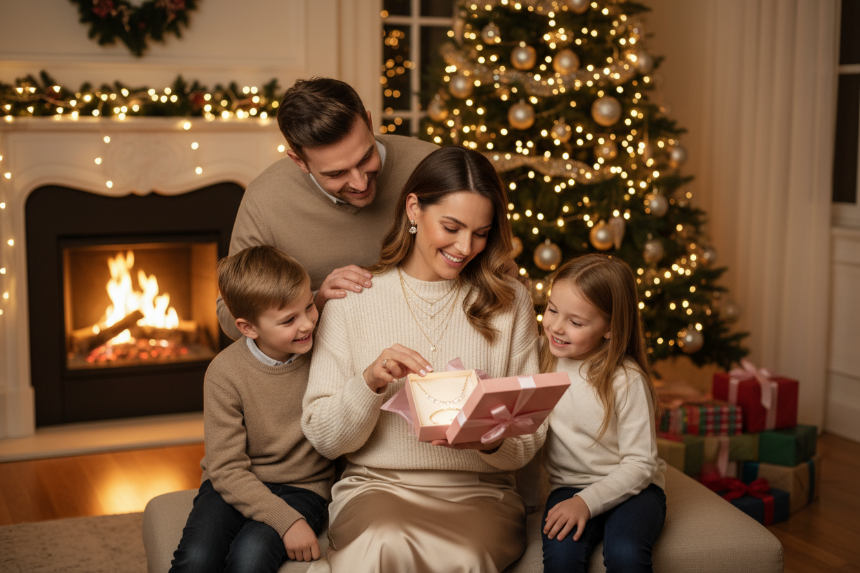 Family at Christmas giving jewellery gift mother wearing Demi fine jewellery and gifted 